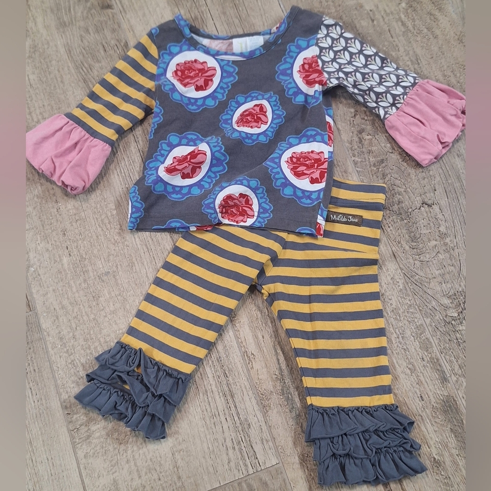 #1867Matilda Jane " Paint By Numbers" 2pc Set Floral/Striped With Ruffles Sz.12m - Picture 2 of 6